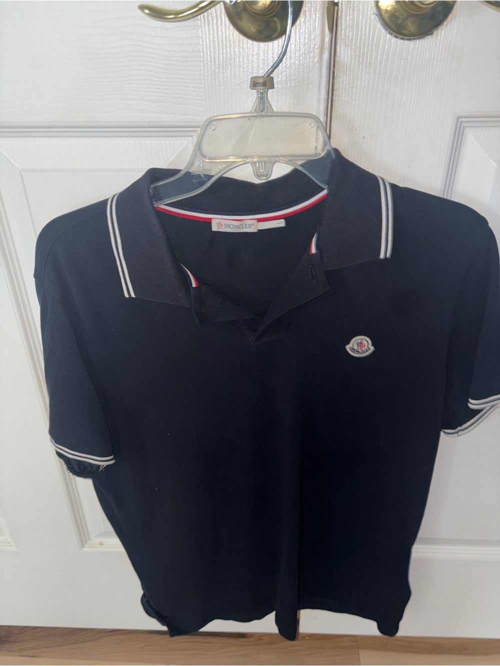 Moncler Navy Polo with White Stripe Trim and Logo Patch